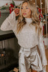 Sequin Mock Neck Drape Open Back Bell Sleeve Lined Top